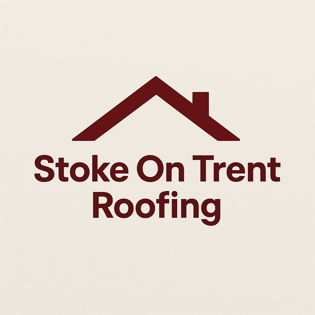 Logo for Stoke On Trent Roofing showing a minimalist dark green roof outline above bold text on a cream background, representing professional roof repair and installation services in Stoke-on-Trent.